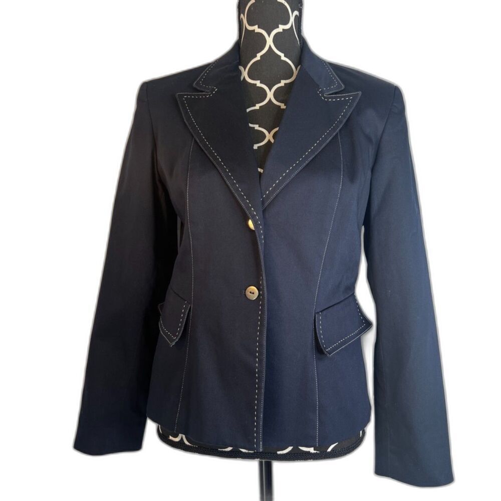 Dressbarn Navy Blue Single Breasted Contrast Stitch Topstitched Blazer Size 6